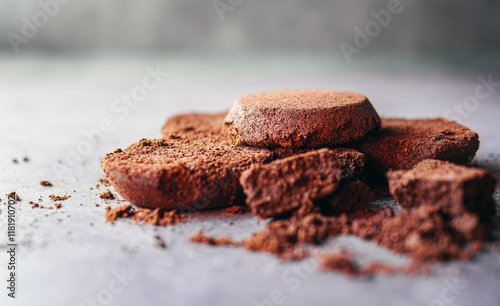 Close-up of coffee grounds from espresso machine. coffee ground on gray background