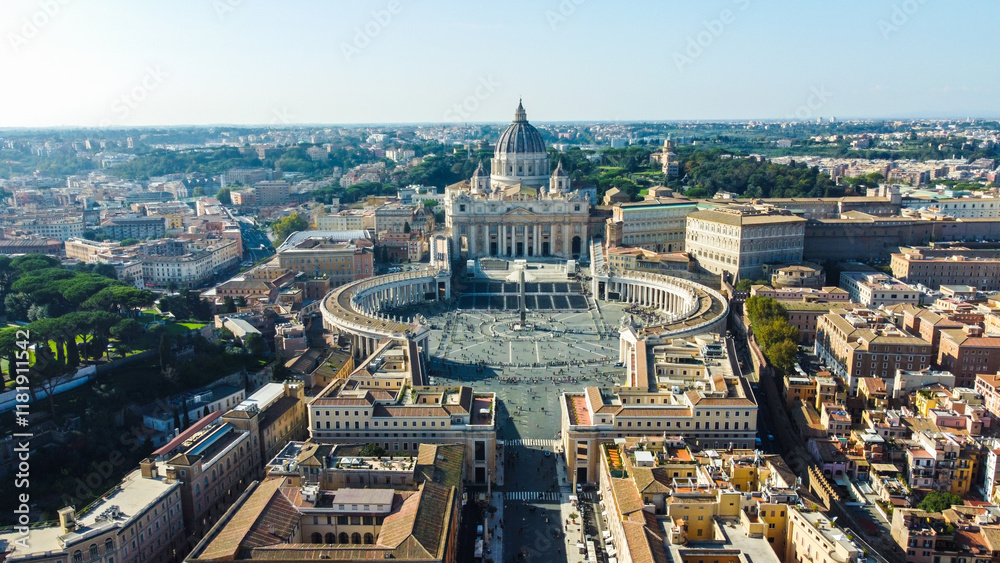 Obraz premium Vista aérea impressionante do Vaticano, Itália, com destaque para a Praça de São Pedro, a Basílica e seus arredores, revelando a grandiosidade e a riqueza histórica do local