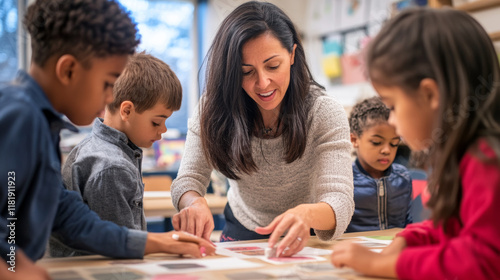 teacher guiding students in creating colorful patterns during engaging classroom activity. children are focused and eager to learn, showcasing creativity and collaboration