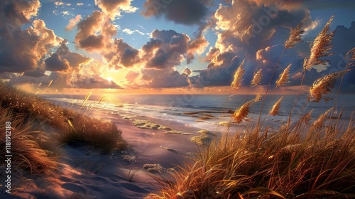 Stunning sunrise panoramic view of the beach from majestic high dunes capturing nature s beauty photo