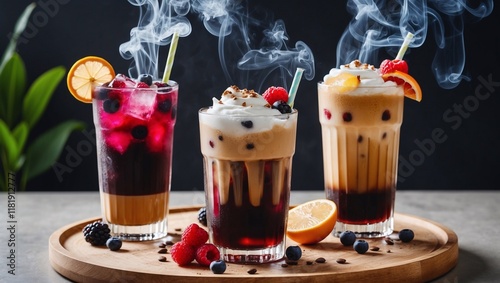 An iced coffee drink served with smoke infused with berry and citrus flavors, adding a refreshing twist. photo