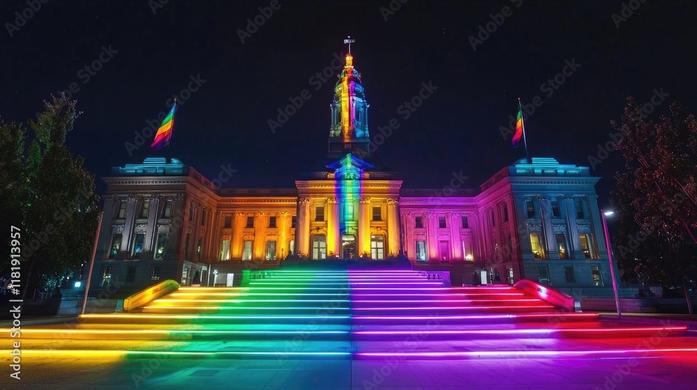 Naklejka premium City hall illuminated with rainbow colors at night, symbolizing inclusivity and diversity. Modern architecture in vibrant lighting. Generative by AI.