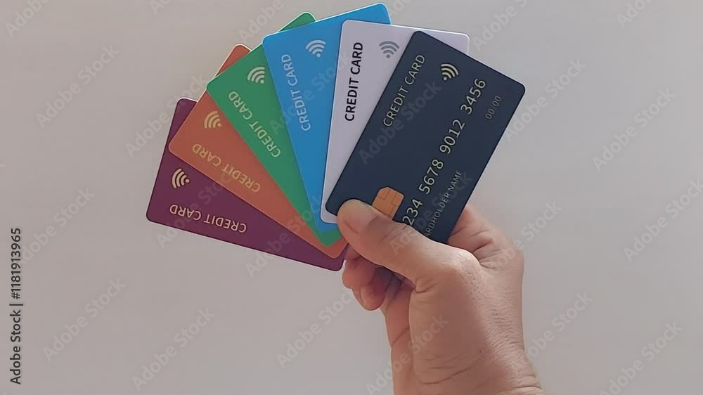 A man holds six colorful credit cards. The cards are maroon, orange, green, blue, white, and black.