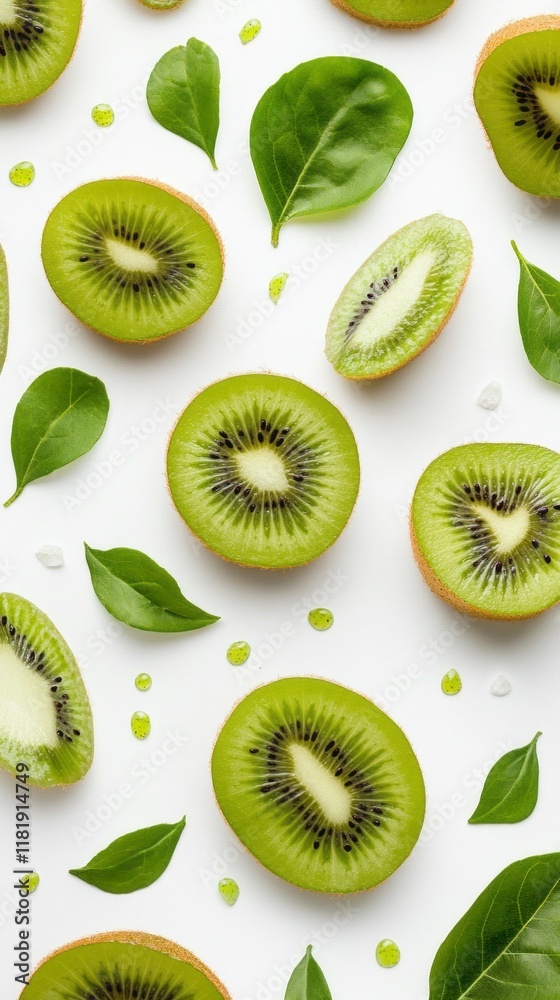 Fototapeta premium Bright green kiwi rounds lay beautifully on a pristine white background, surrounded by fresh green leaves