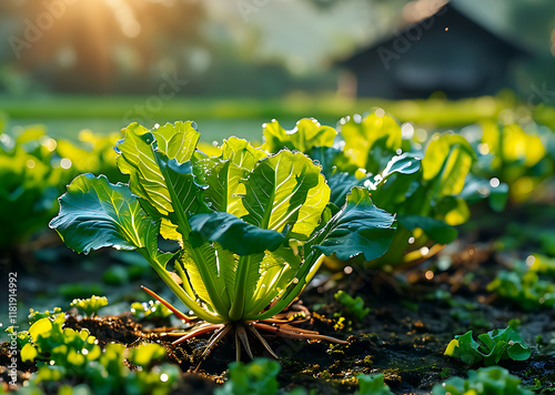 clouse-up viewer Young Vegetable Plant Growing in Fertile Soil with Morning Sunlight