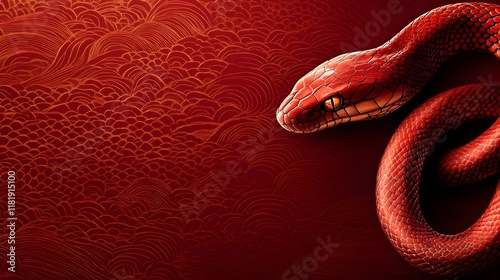 Minimal and modern red snake with intricate cultural patterns ornamental accents and gradient tonal background  of a sinuous reptile in a sleek stylized design