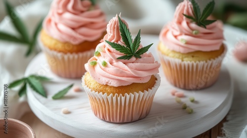 Candy-themed cupcakes with edible cannabis leaves as toppings