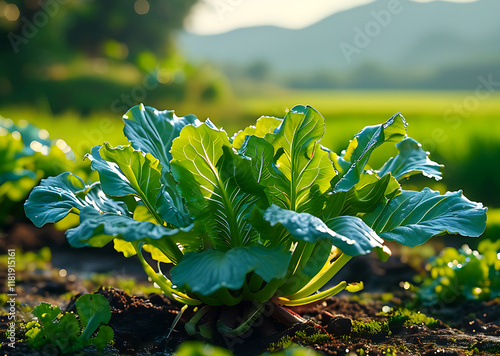 clouse-up viewer Young Vegetable Plant Growing in Fertile Soil with Morning Sunlight