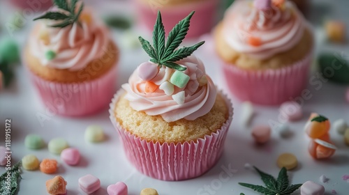 Candy-themed cupcakes with edible cannabis leaves as toppings