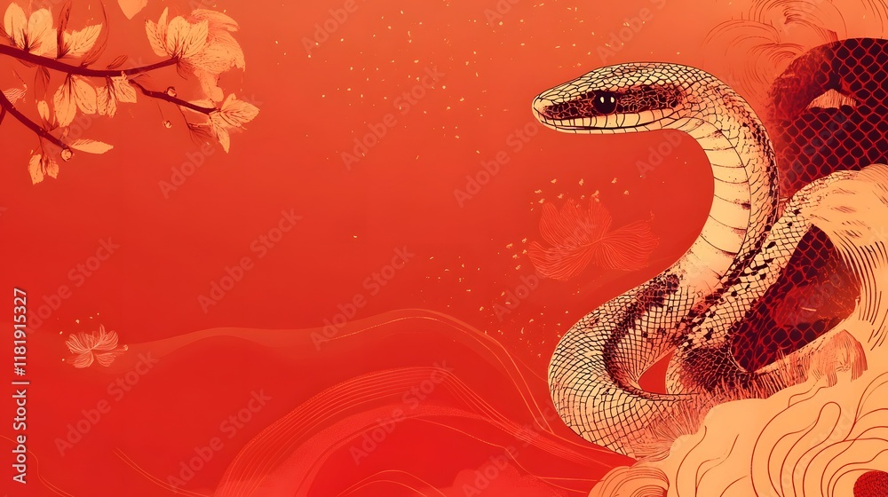 Obraz premium Elegant Minimal Snake on Vibrant Abstract Red Background with Decorative Cultural Patterns and Gradients