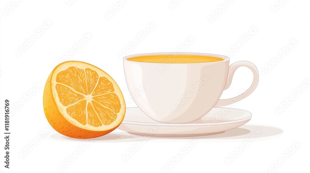Orange tea in a white cup and saucer with half an orange. Orange tea in a white cup and saucer with half an orange.