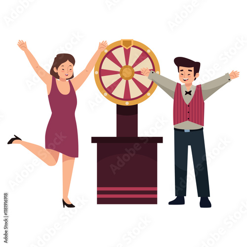 woman and croupier with spinning roulette