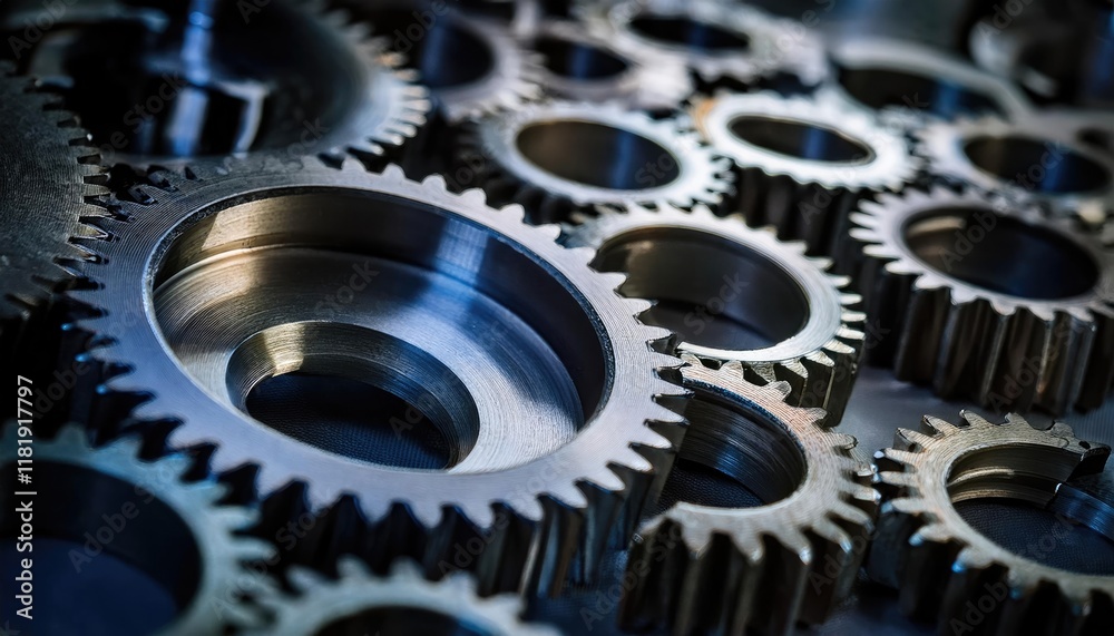 Close-up of interlocking metal gears representing teamwork and precision Close-up of interlocking metal gears representing teamwork and precision