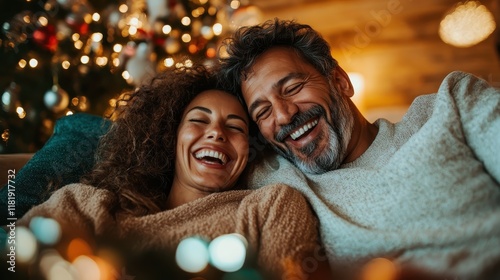 A joyful couple bursts into laughter while snuggling together on a couch, surrounded by a festive atmosphere filled with warm lights and holiday spirit.