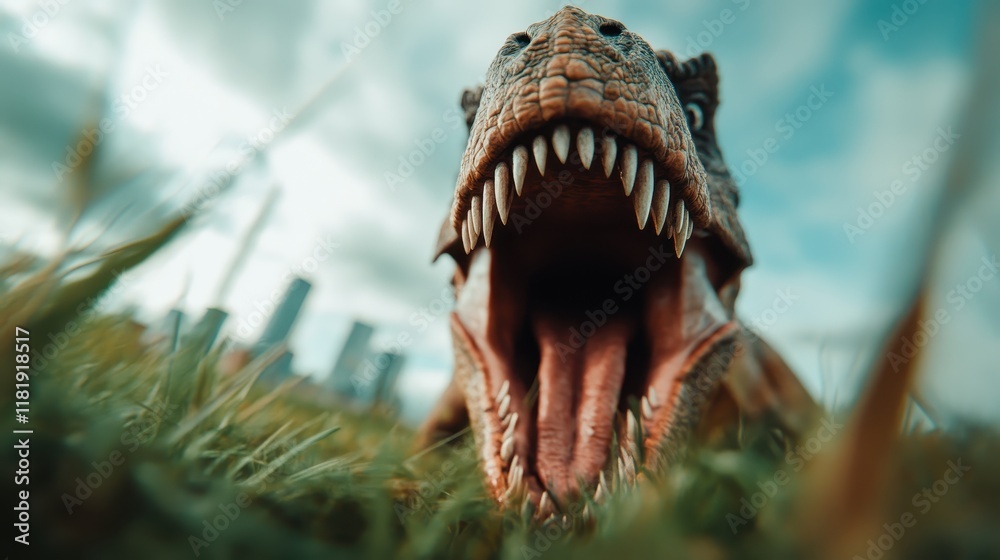 A dramatic close-up of a roaring dinosaur in an urban setting, capturing the raw power and ferocity of this prehistoric creature against a backdrop of modern city life. A dramatic close-up of a roaring dinosaur in an urban setting, capturing the raw power and ferocity of this prehistoric creature against a backdrop of modern city life.