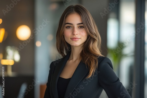 Young woman in elegant black suit standing confidently in modern office