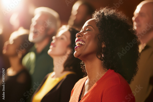 African American woman singing in a diverse choir with joyful expression