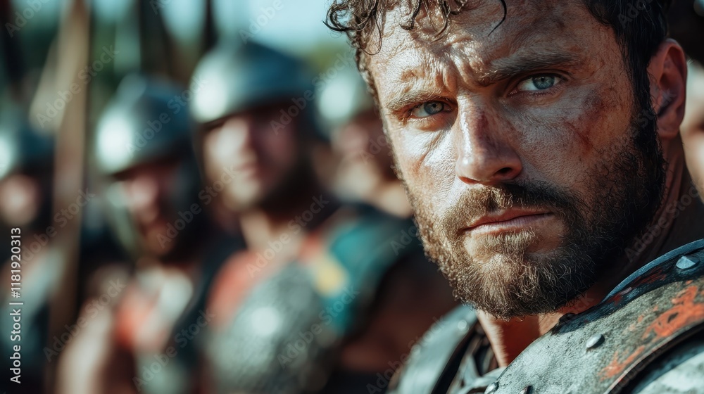 A fierce gladiator with a determined expression lunges into action, surrounded by fellow warriors, illustrating the visceral experience and raw emotion of ancient combat. A fierce gladiator with a determined expression lunges into action, surrounded by fellow warriors, illustrating the visceral experience and raw emotion of ancient combat.