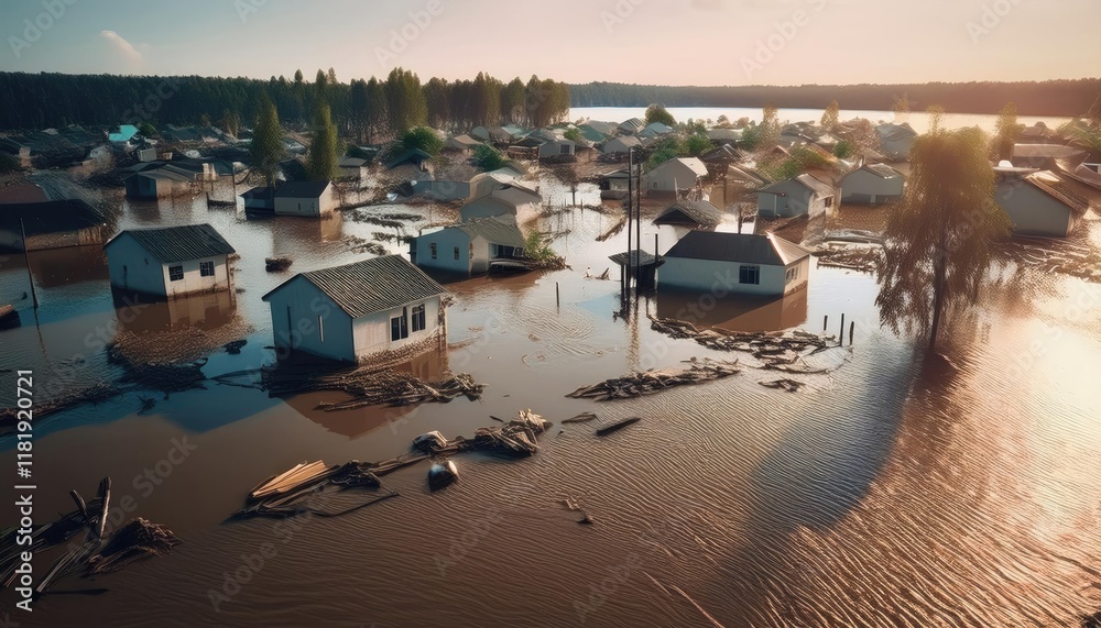 Fototapeta premium Aerial view of the flooded region of the village. Houses surrounded by water and debris. Natural disaster, evacuation