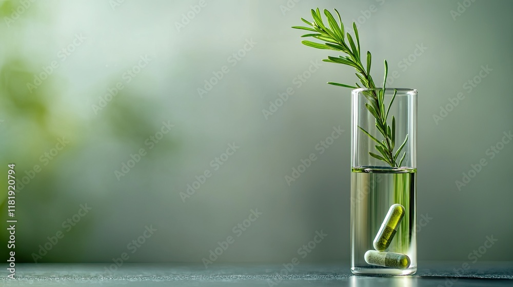 Fototapeta premium Rosemary extract capsules in a glass, herbal medicine research.