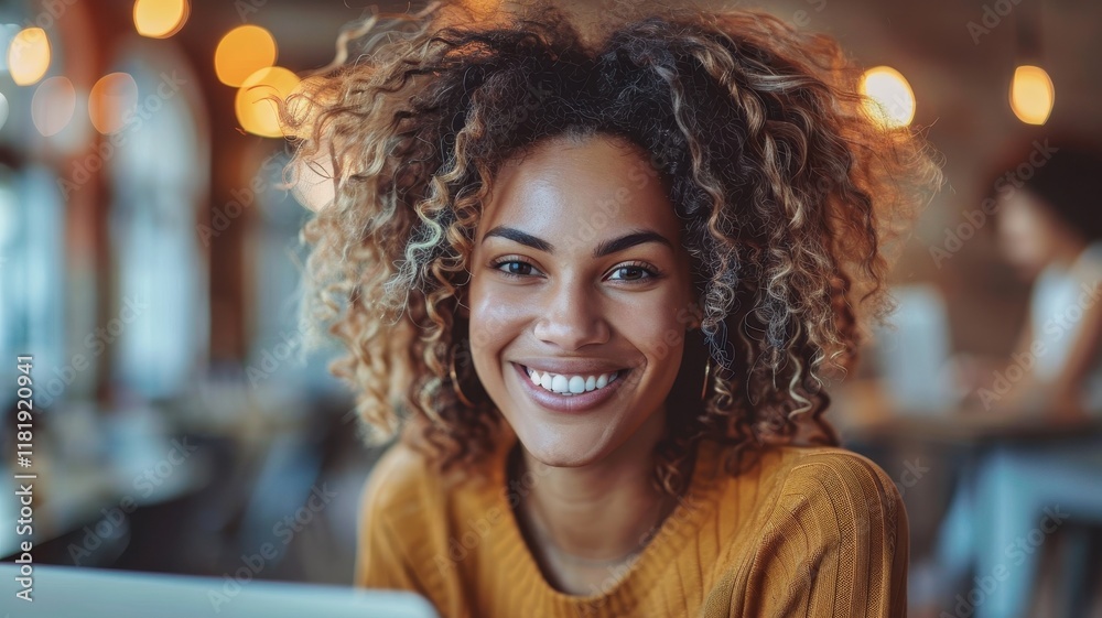 A smiling woman with curly hair, wearing a cozy sweater, sits in a warm, inviting cafe environment, engaged with her laptop. A smiling woman with curly hair, wearing a cozy sweater, sits in a warm, inviting cafe environment, engaged with her laptop.