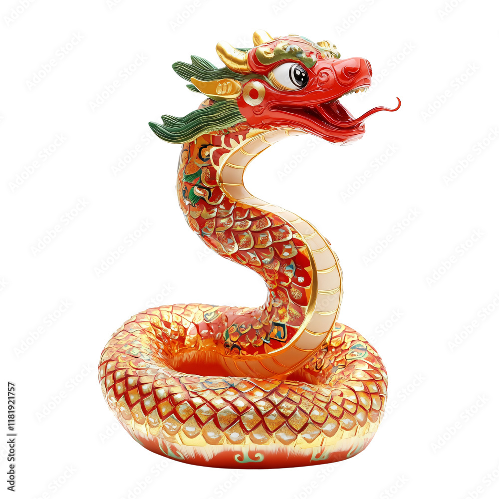Fototapeta premium Red decorative snake sculpture with intricate Chinese patterns isolated on transparent background
