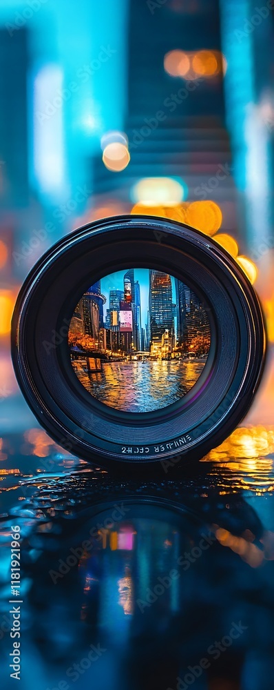 Cityscape reflected in a camera lens, showcasing urban night photography. Cityscape reflected in a camera lens, showcasing urban night photography.