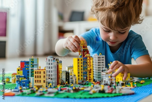 Child engaged in building a colorful city on a play mat indoors