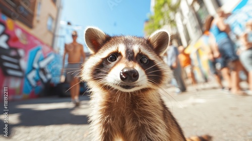 A cheerful raccoon captures attention in a lively urban setting filled with colorful artworks and people, showcasing the harmonious mix of nature and city life. photo