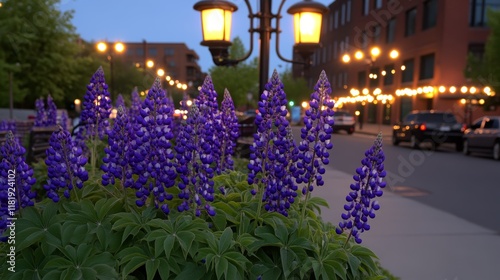 Evening Cityscape with Blooming Lupines in Focus photo