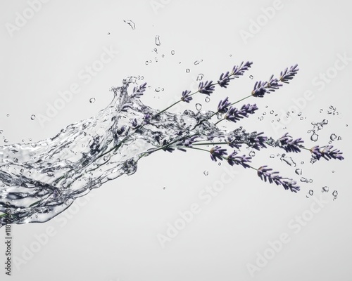 Lavender sprigs emerging from clear water, symbolizing purity and tranquility.