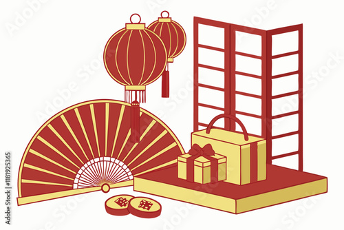 Chinese New Year decorations, red and gold color scheme, folding fans, gift boxes, lanterns, podium display, gold ingots, 3D rendering, product showcase, festive atmosphere, minimalist background, lux