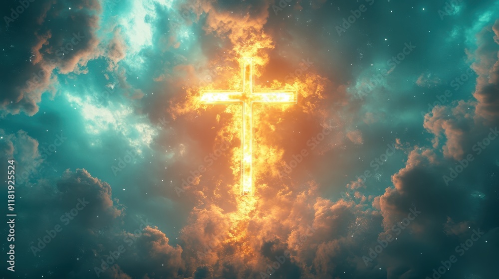 Glowing Cross in Dramatic Sky with Vibrant Clouds and Sunlight Creating a Spiritual and Inspirational Atmosphere Glowing Cross in Dramatic Sky with Vibrant Clouds and Sunlight Creating a Spiritual and Inspirational Atmosphere