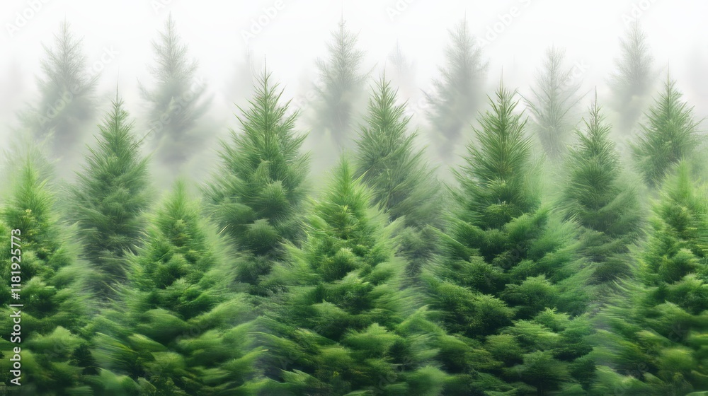 Evergreen Forest in Misty Rain, Serene Nature Scene Evergreen Forest in Misty Rain, Serene Nature Scene