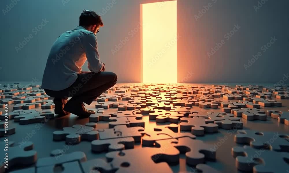 A young entrepreneur creating a pathway of completed puzzle pieces, symbolizing problem-solving, vision, and success