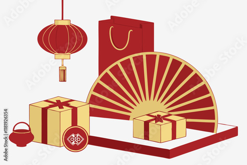 Chinese New Year decorations, red and gold color scheme, folding fans, gift boxes, lanterns, podium display, gold ingots, 3D rendering, product showcase, festive atmosphere, minimalist background, lux