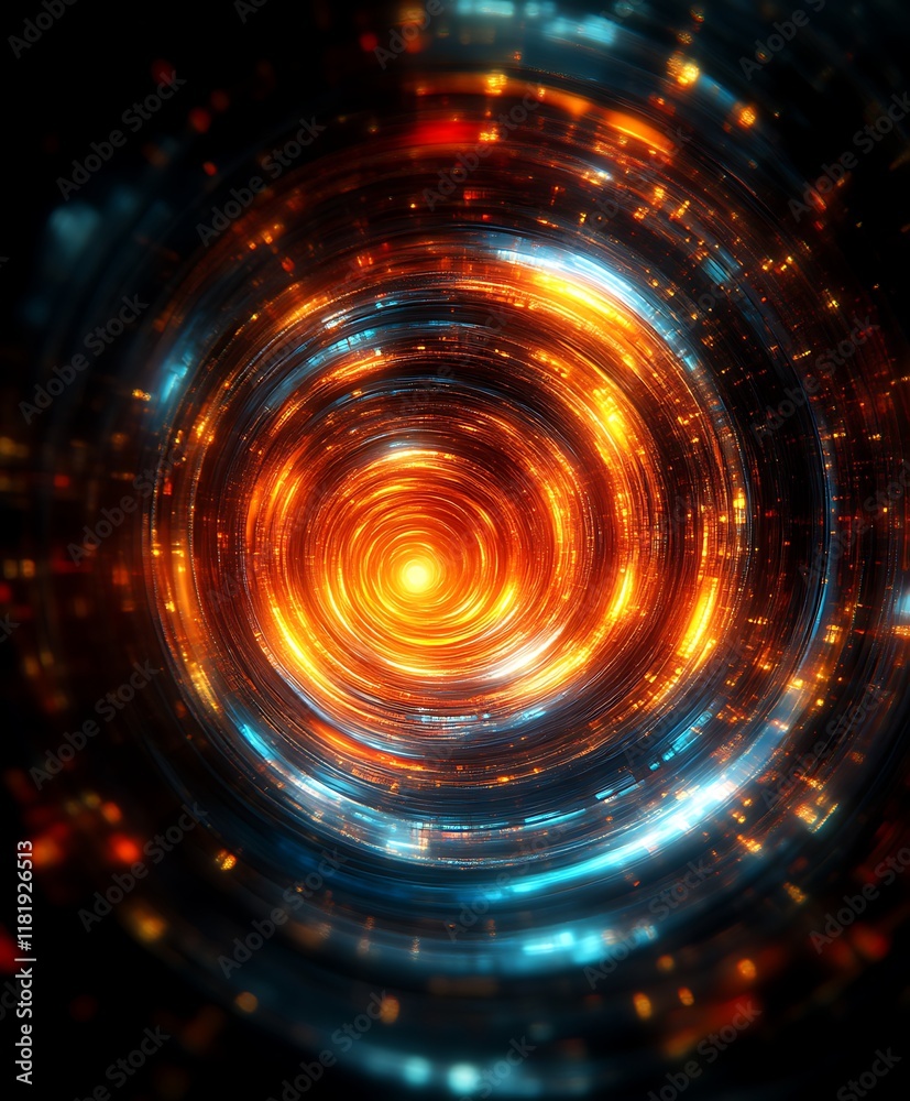 Abstract swirling light tunnel with orange and blue glowing rings. Abstract swirling light tunnel with orange and blue glowing rings.