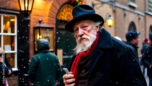 Dickens Scrooge Man in Old Winter Street. photo