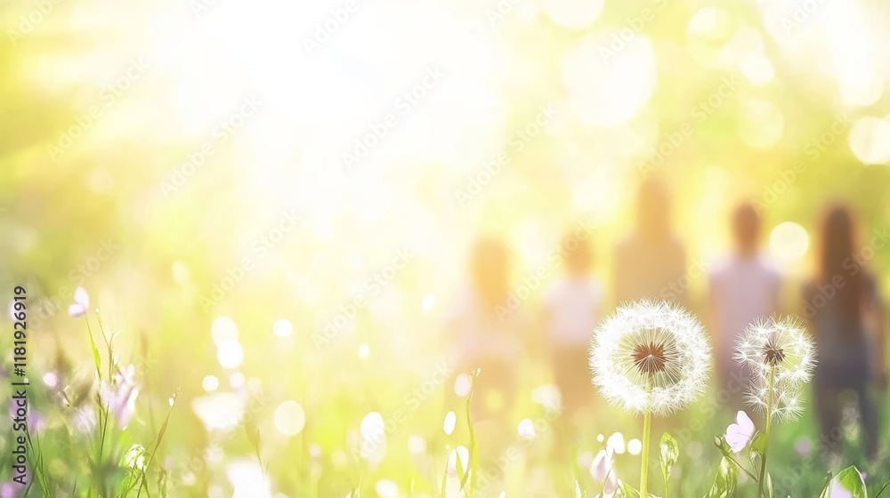 Obraz premium Family Walking in Sunny Meadow with Dandelions (1)