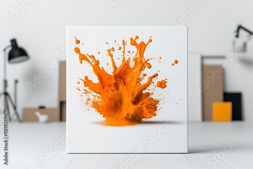 Explosive orange liquid eruption dramatically immortalized within a white canvas composition photo