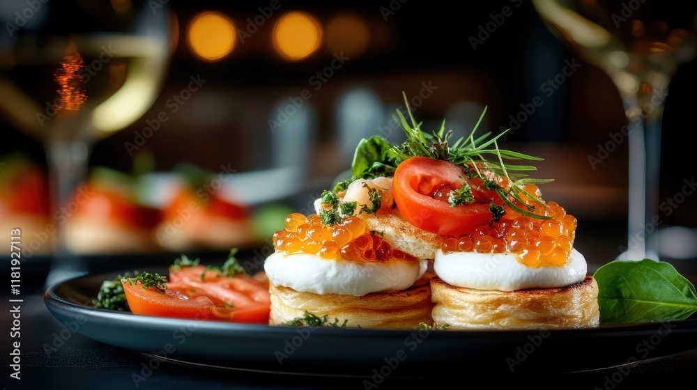 This visually appealing plate highlights pancakes adorned with rich salmon caviar and a dollop of creamy sour, perfect for showcasing haute cuisine. This visually appealing plate highlights pancakes adorned with rich salmon caviar and a dollop of creamy sour, perfect for showcasing haute cuisine.