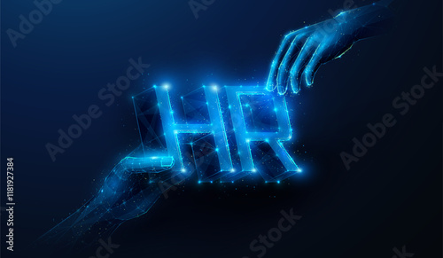Abstract illustration of low poly hands approaching HR human resources letters in center. Business company hiring agency, employment, work force management concept by wireframe mesh on blue background