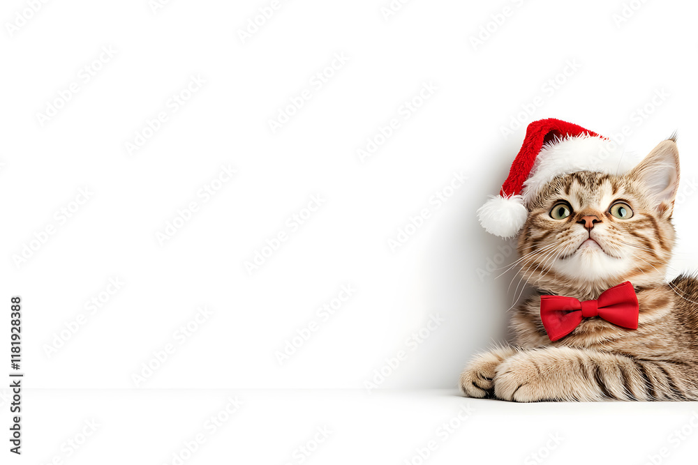 Naklejka premium Cat in a Festive Santa Hat and Bow isolated on background
