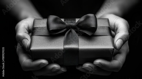 Hands holding gift box with black ribbon in dramatic lighting, conveying exclusivity, mystery, and elegance, perfect for luxury gift ads and romantic holiday campaigns
