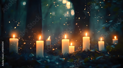 Burning magic candles in forest for witch ritual or celebrating pagan holiday. Mysterious fairy scene. Samhain sabbat, Mabon, Halloween, All hallows eve. Witchcraft, esoteric spiritual practice photo