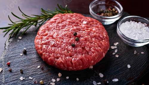 fresh raw ground beef burger patty with salt and spices