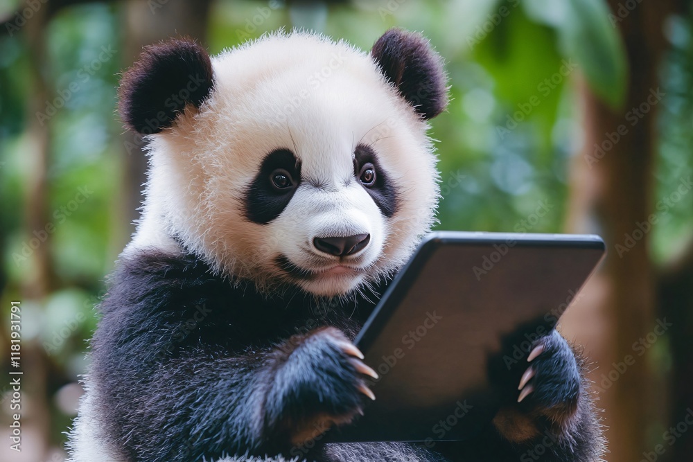 Fototapeta premium Adorable baby panda enjoying a video on a tablet, immersed in digital entertainment amidst a natural setting