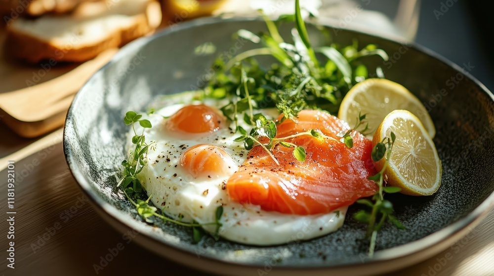 This inviting plate features fluffy eggs paired with smoked salmon and accompanied by lemon slices, embodying a perfect blend of flavors and nutritional richness. This inviting plate features fluffy eggs paired with smoked salmon and accompanied by lemon slices, embodying a perfect blend of flavors and nutritional richness.