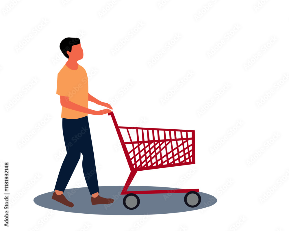 Flat vector illustration of a man pushing shopping carts. Perfect for themes related to shopping, retail, supermarkets, or consumer activities. Isolated on white background. Flat vector illustration of a man pushing shopping carts. Perfect for themes related to shopping, retail, supermarkets, or consumer activities. Isolated on white background.