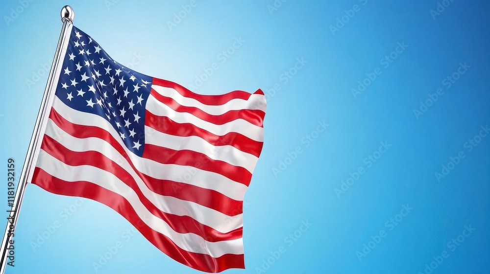 Fototapeta premium American flag waving in bright blue sky united states symbolic image clear environment wide viewpoint national pride concept